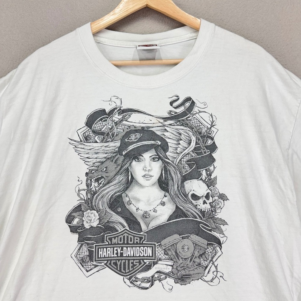 Harley-Davidson T-Shirt Mens XL White Biker Chick Skulls Pilot Y2K Grunge Canada